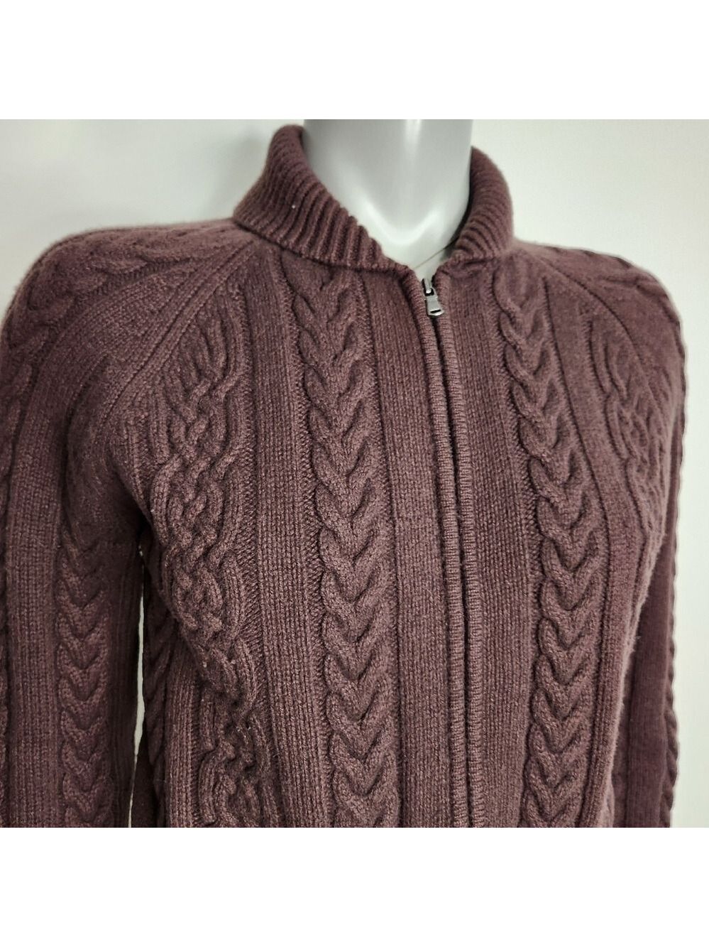 Aritzia Sunday Best "Gigi" Brown Cable Knit Collared Zip-Up Sweater Size 2XS - Picture 5 of 15